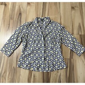 Ann Taylor Button-Up Yellow & Blue Geometric Blouse 3/4th Sleeve Sz 10 Petite